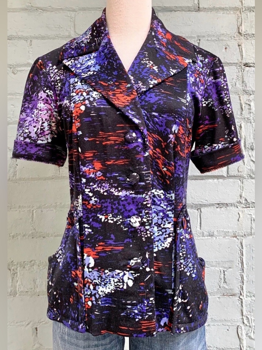 Vintage Abstract Purple & Black Short Sleeve Blazer - Double Breasted
